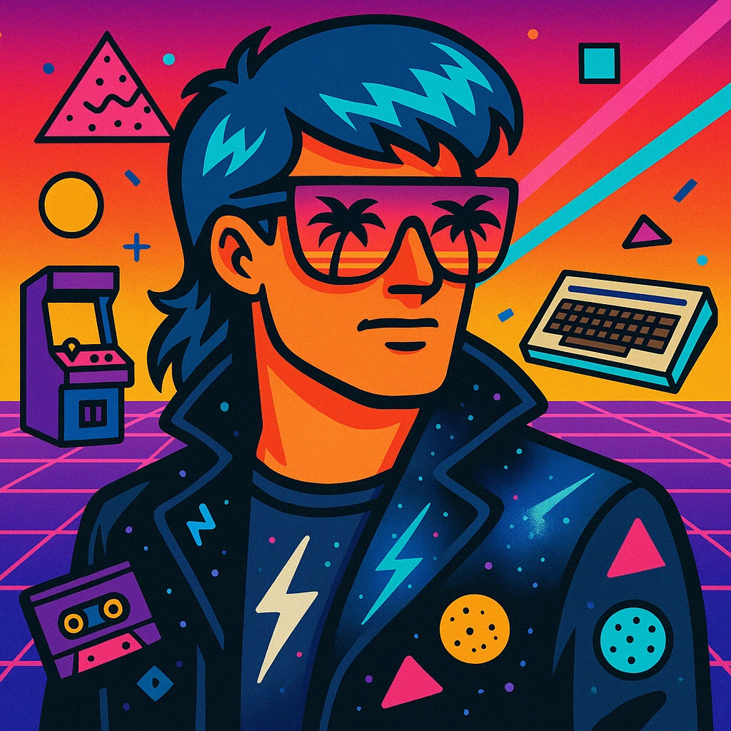 retro-futuristic 80s male portrait with classic mullet hairstyle with neon blue highlights, face half-hidden by bright airbrushed sunglasses with pink to purple gradient reflecting palms and sunset, leather jacket with raised collar airbrushed with lightning and cosmic motifs, Memphis Design geometry, energetic neon gradient background with perspective grid, laser beams, details like cassettes, arcade games, Commodore 64, electric blue, fuchsia, turquoise, ultraviolet colors emoji