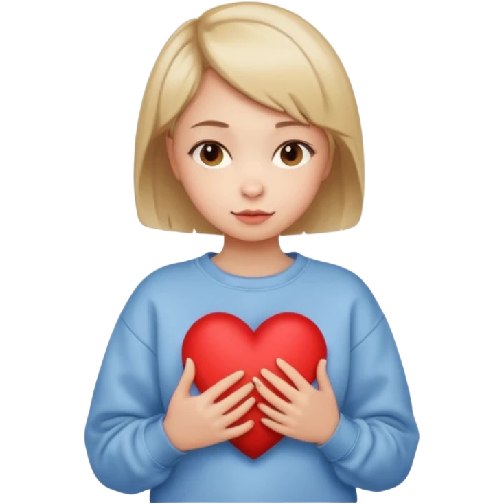 una niña con el pelo corto, con la sudadera de forma de pollito sujetando un corazón emoji