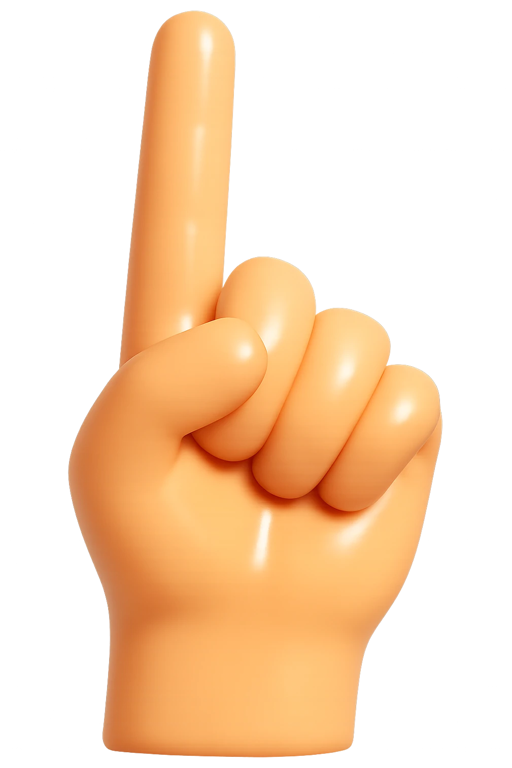 Make the hand even more detailed and hyper-realistic, with a very high quality, hard, shiny plastic look like a figurine's hand from a kid's toy. The surface should be smooth, rigid, and glossy, with realistic skin color, pointing upwards with the pointer finger extended, no background. The style should resemble a high-quality toy figurine hand with a shiny plastic finish. emoji