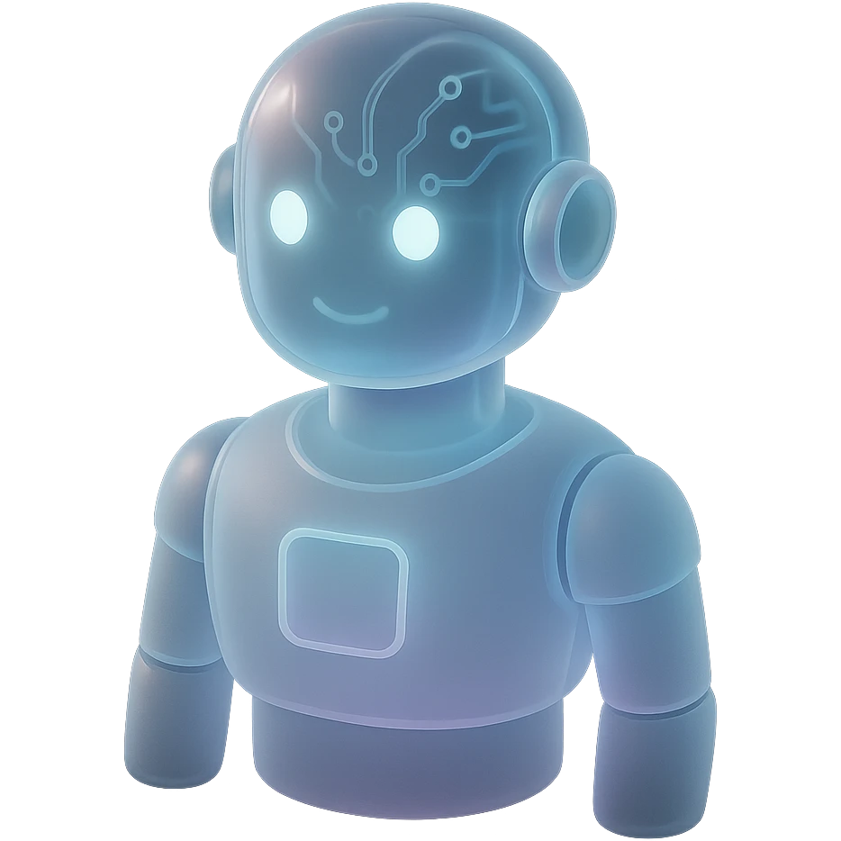 futuristic AI-Ambassador, robot with transparent head showing circuitry, soft pastel lights, approachable and modern in matte glass style emoji