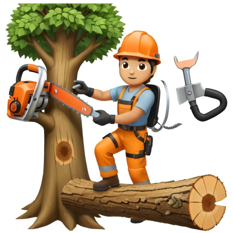 professional arborist cutting down a large tree with chainsaw, wearing safety helmet and protective gear. Scene includes detailed tree trunk, falling wood pieces, forest background, dynamic movement, and emphasis on expertise and safety in tree removal emoji