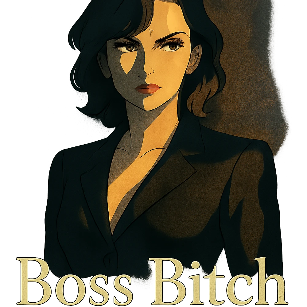 stern, sexy woman with dramatic lighting, 'Boss Bitch' in elegant serif emoji