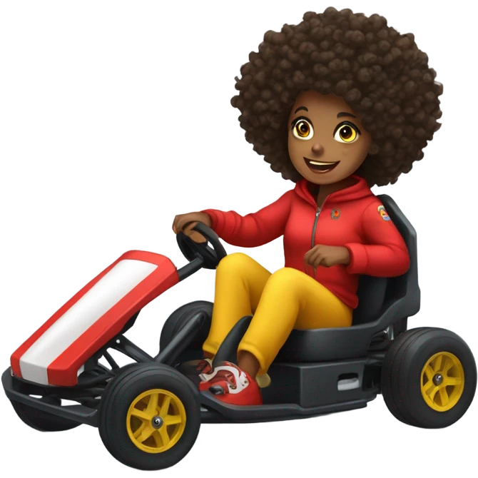 Go kart, black girl wearing red, curly hair, yellow eyes emoji