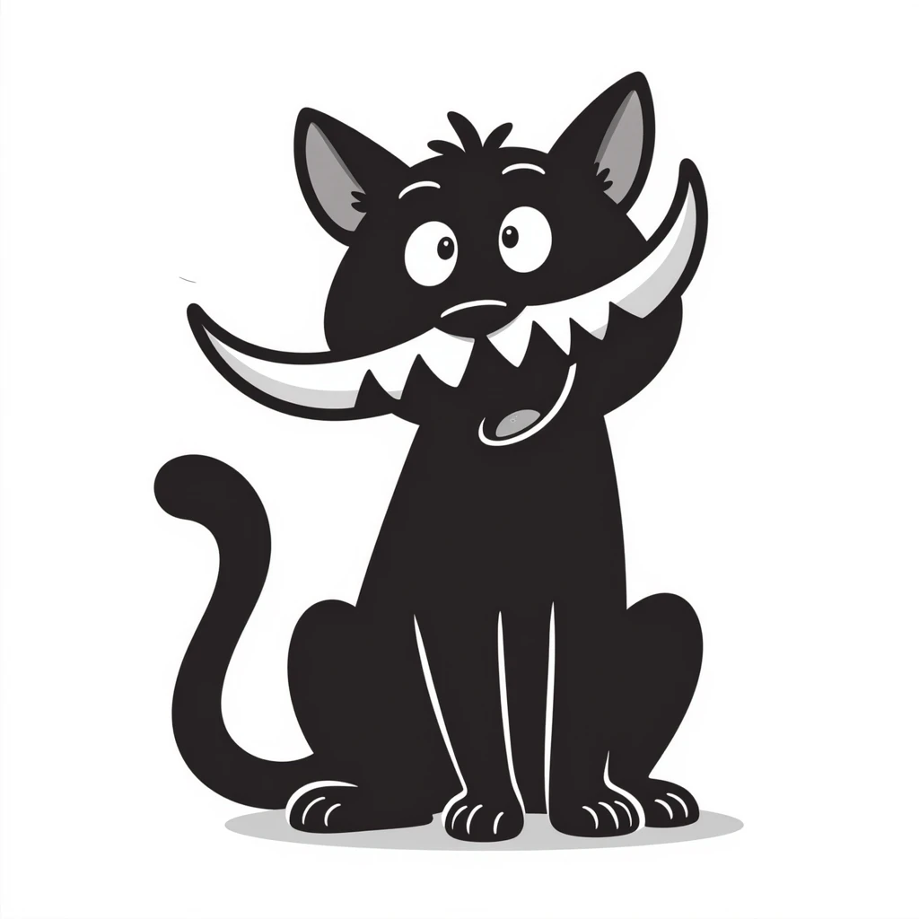 sketch of a tiny saber-toothed cat with 8-inch-long fangs that are enormously disproportionate to its small body, absurdly long teeth emoji