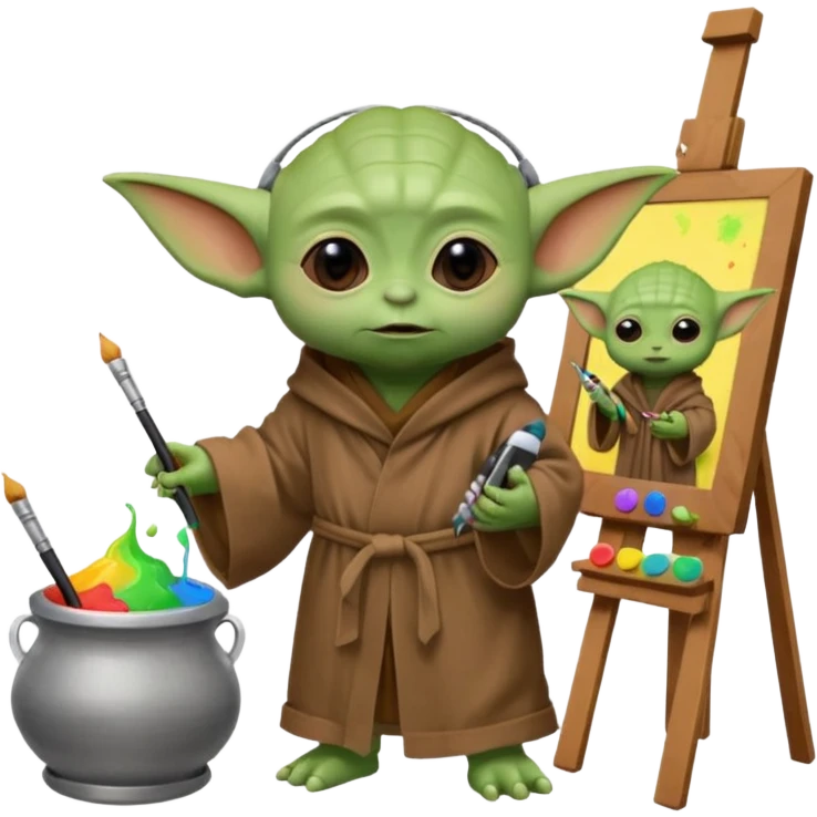 Baby Yoda in his brown robe listening music on his headphones, painting a picture on an easel and surrounded by paint pots. emoji