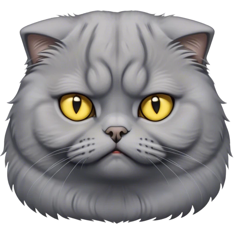 Cinematic Comical Grey Scottish Fold Cat Portrait Emoji, Adorable folded ears accentuating its round face, head tilted with a scrunched, grumpy expression, sleek soft grey fur with subtle blue undertones, large, striking yellow eyes, Simplified yet sharp features, highly detailed, glowing with a slightly sarcastic glow, high shine, poised but with a comically displeased demeanor, stylized with an air of playful disdain, focused yet unimpressed, soft glowing outline, capturing the essence of a grumpy yet endearing kitty with the classic Scottish Fold charm, so lifelike it feels like it could give you an exaggerated sigh and a disapproving stare at any moment! emoji