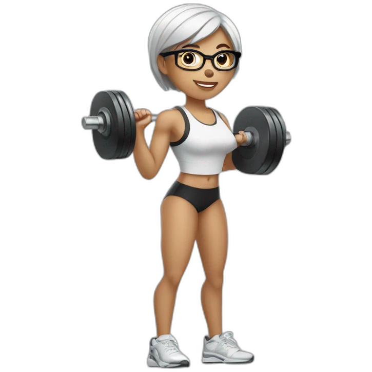 White Sports Girl with short hair glasses holding dumbbell emoji