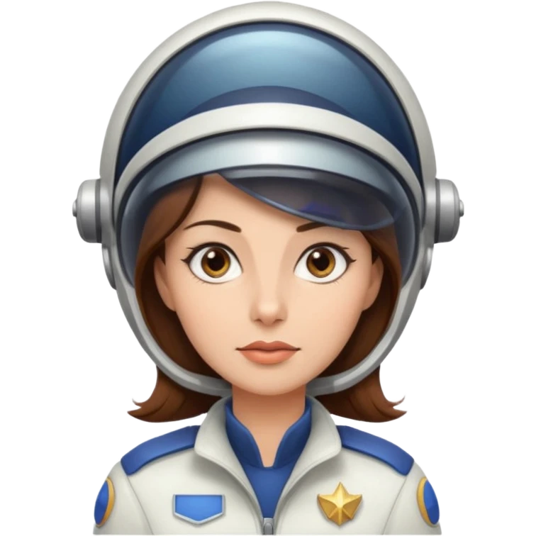 woman with brown hair and brown eyes.  space ship captain with white hat emoji