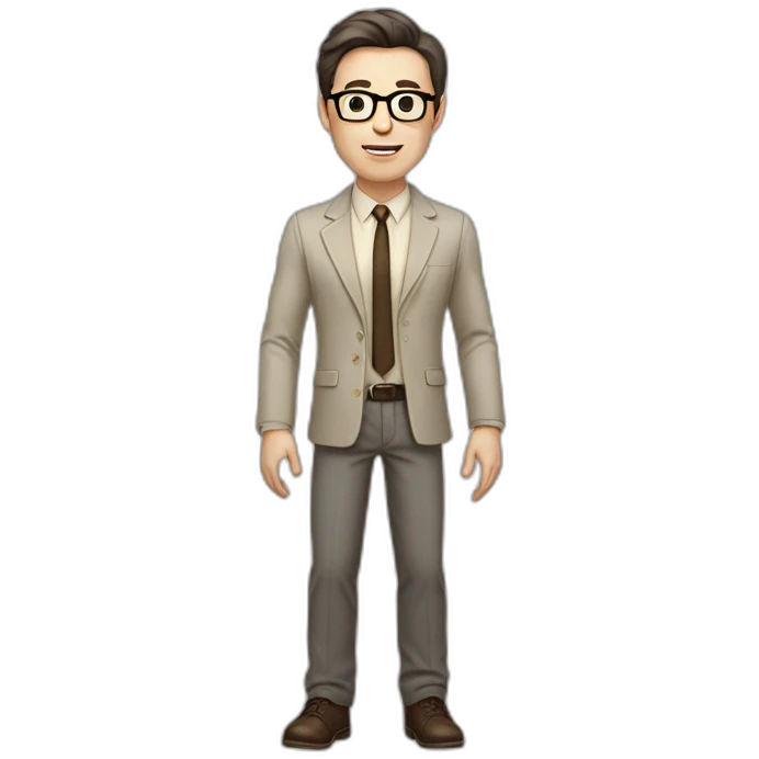 Full height Actively Gesturing Pale skinned fit man with dark brown hair in gray jacket, beige office shirt, brown tie, brown pants and vintage glasses. emoji