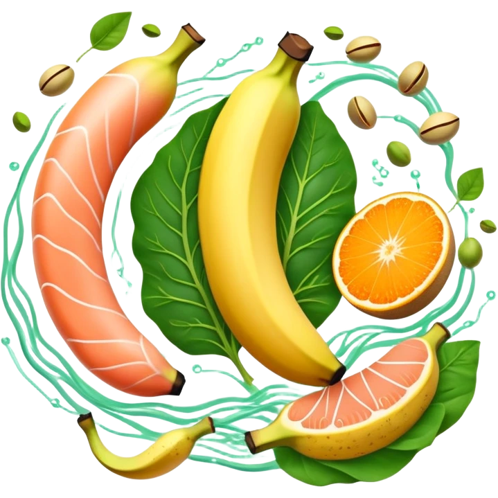 Golden banana, bright green spinach, salmon, kiwi, pistachios, and orange juice floating around a glowing nervous system and heart. Electrical waves connect these potassium-rich foods to nerves, heart and muscles, showing how they support electrical stability in the body. emoji