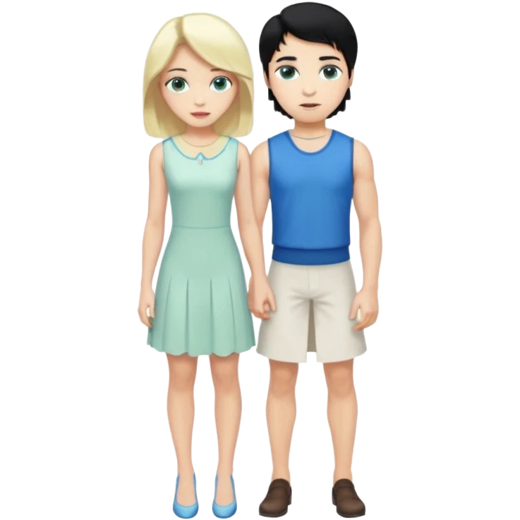 prince, standing upright, black Hair, blue eyes, garment,  woman, bending knee, white sleveless dress, blonde hair, green eyes, emoji