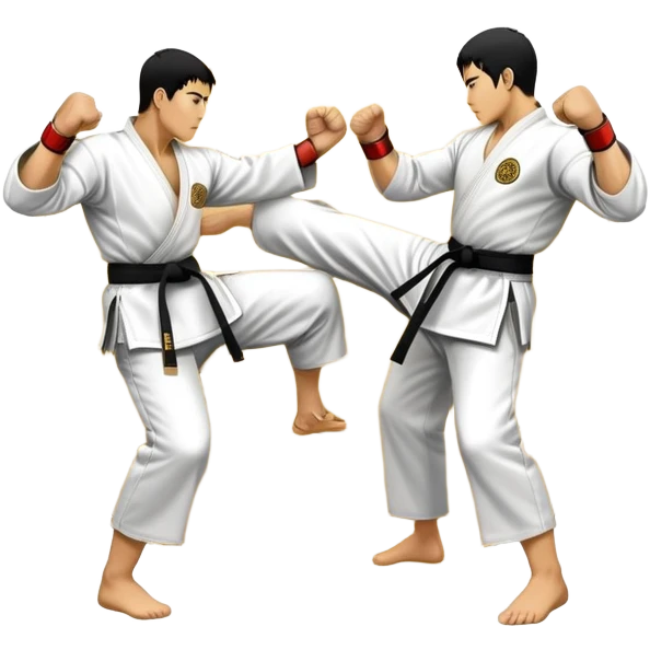 Round emblem symbolizing striking martial arts. The emblem features two fighters in dynamic stances, one delivering a powerful punch while the other defends with a block. In the center, a stylized fist and foot crossed to represent the essence of striking.  emoji