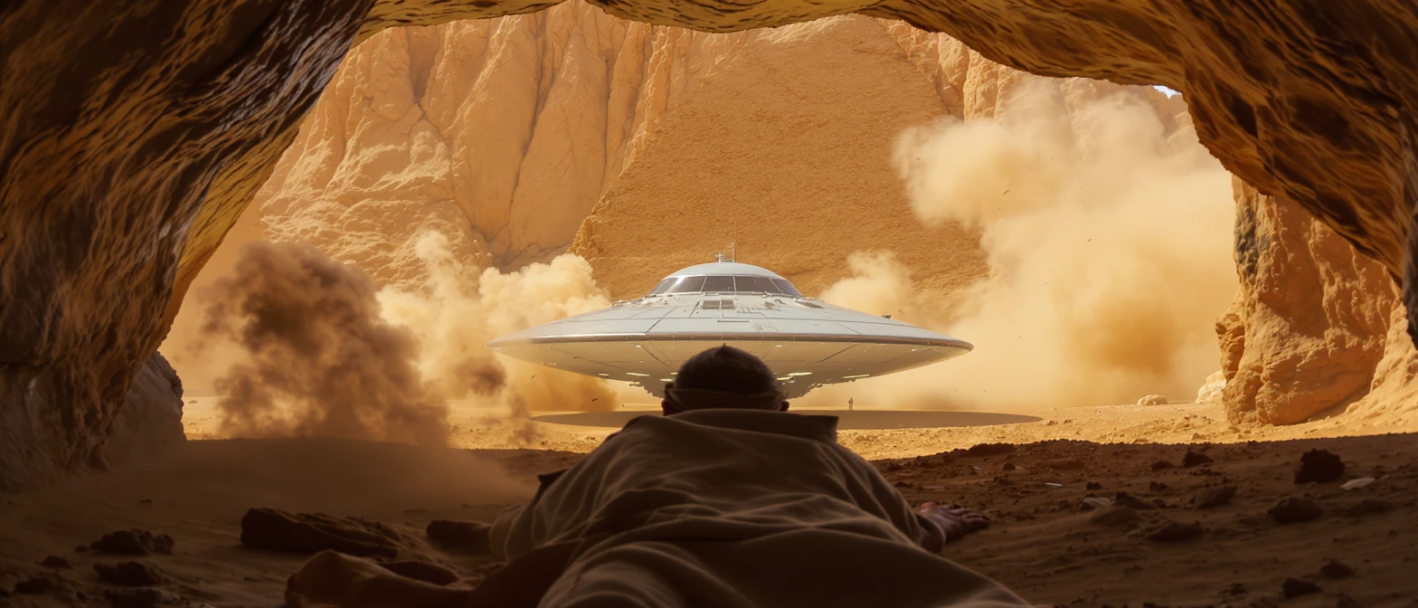 cinematic still, documentary photography, acient egypt, back shot of a man dress in ancient clothes in cave (frame in frame effect) on ground laying front of small ufo starship, sand flying around, palms, dynamic scane, leading lines, captured by arri alexa, depth layers, piramids in babckground emoji