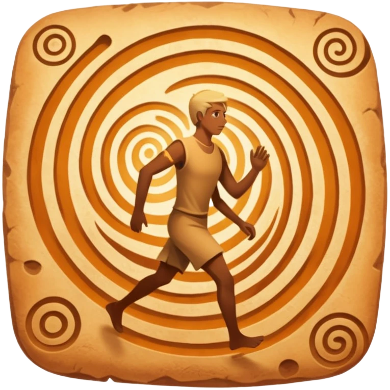 
una mezcla de sol + montaña + caminante estilo petroglifo con un espiral tipo energía ancestral emoji