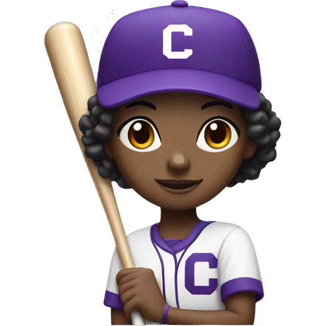 baseball card character. black girl. short hair. letter C logo. Purple and white uniform.  emoji