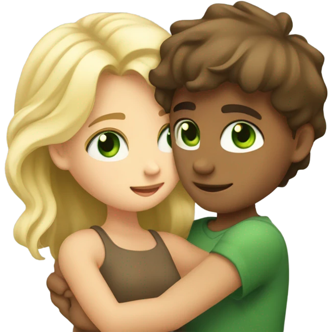 a beautiful boy with brown hair and green eyes hugging a blonde girl with brown eyes around the waist emoji