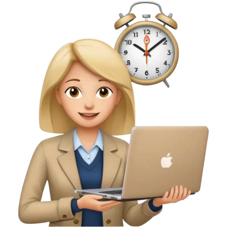 I like the 4th image. Now, make the same woman leave work with her laptop in hand. Add a clock behind her on the wall .  emoji