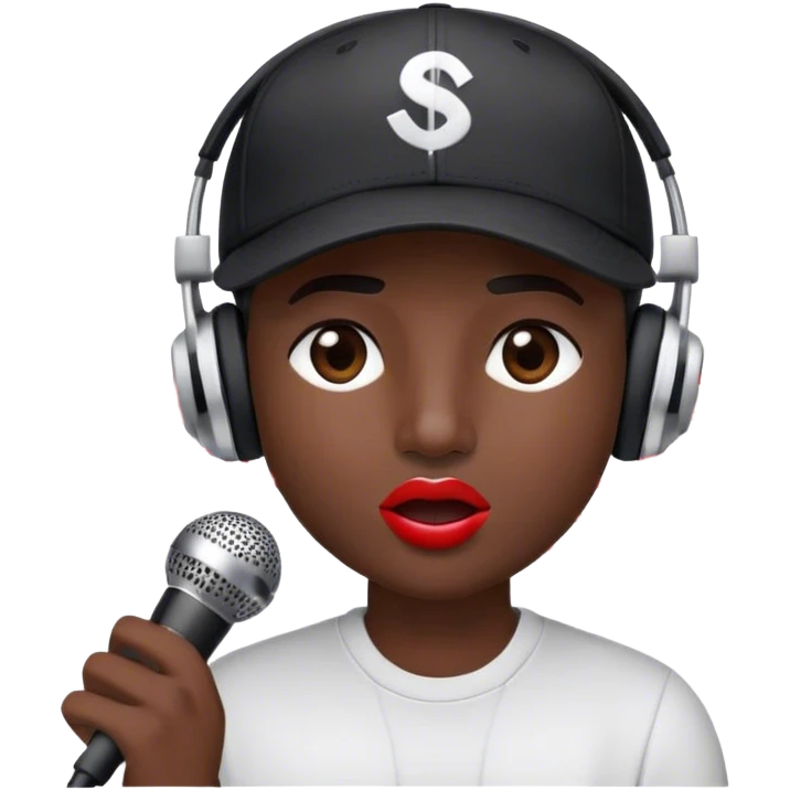 Create a dynamic and energetic emoji that represents beatboxing. The design should feature a stylized microphone and baseball cap on it, with lips and sound waves emanating from it , symbolizing vocal percussion and rhythm. Add elements like headphones or a subtle speaker to emphasize the music production aspect. Use bold colors like black, white, and red to convey the intensity and creativity of beatboxing. The background should be transparent. emoji