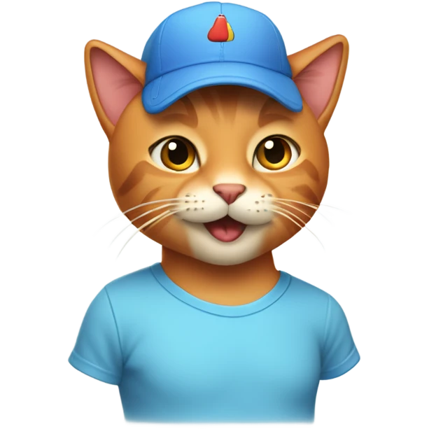 tan-red cat wearing a light-blue t-shirt and a blue base cap taps musical keyboard emoji