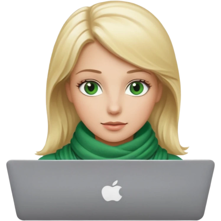 blond women skine , with green eyes , with scarf . with macbook emoji