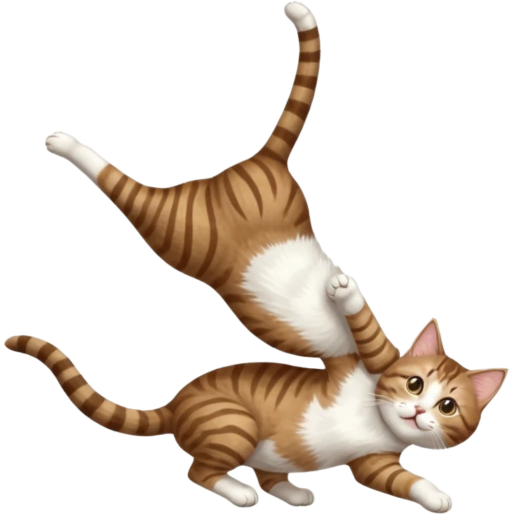 brown tabby and white cat with doing a big extremely long stretch reaching up into the air with arms and legs side by side together straight and overextended whilst lying on its side emoji