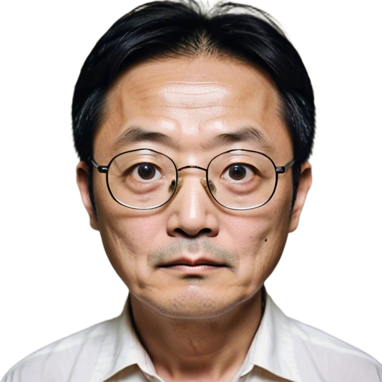 Park Ju-un is a middle-aged man, around 45 years old, with tired eyes that carry the weight of a lifetime of struggles. His thin-framed glasses sit slightly crooked on his nose, one lens showing a faint crack from an earlier scuffle. His black hair, streaked with strands of gray, is unkempt and damp with sweat.

His face is gaunt, with deep wrinkles lining his forehead and around his mouth, evidence of years of stress and hardship. He wears the standard green Squid Game tracksuit (#369), but his jacket is slightly loose on his thin frame, and the collar is stained with sweat. His hands, slightly calloused from years of office work, tremble as he grips the small needle.

His posture is hunched, his movements cautious—a man who has always played life safely but now faces a game with no second chances. emoji