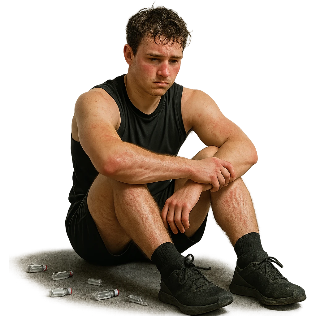realistic young athlete with visible stretch marks and red skin, sitting on gym floor surrounded by empty vials, lost and disappointed look, atmosphere of defeat, isolated on white background, 4K quality emoji