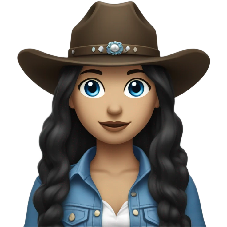 Long Flowing hair, Blue eyes cowgirl, pale skin, black hair, black cowgirl hat emoji