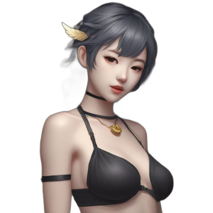 Woman, Bare belly, Wings, Choker, Colorless garden, Bathed in shadows, FOV 90 degrees, short lighting, L USM, Cold Colors, gilded technique, taiji, extremely hyper aesthetic, absurdres emoji