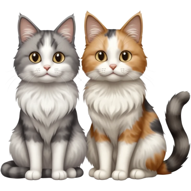 a realistic looking very fluffy grey and white cat sitting next to another cat emoji