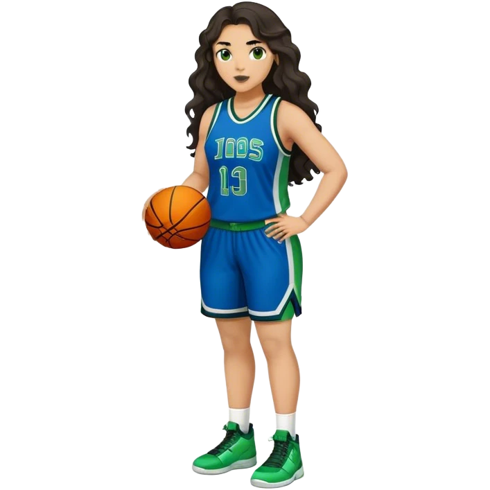 Full Body light skin Latino plus size women basketball player with long wavy dark hair  wearing blue and green uniform emoji