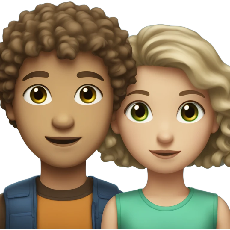 Brother and sister: the brother with dark, curly hair and blue eyes. the sister girl with straight, light hair and green eyes emoji