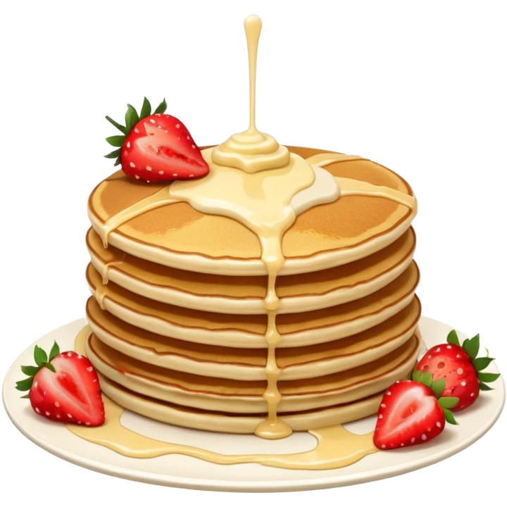 a stack of pancakes with melted white chocolate drizzle and strawberries emoji