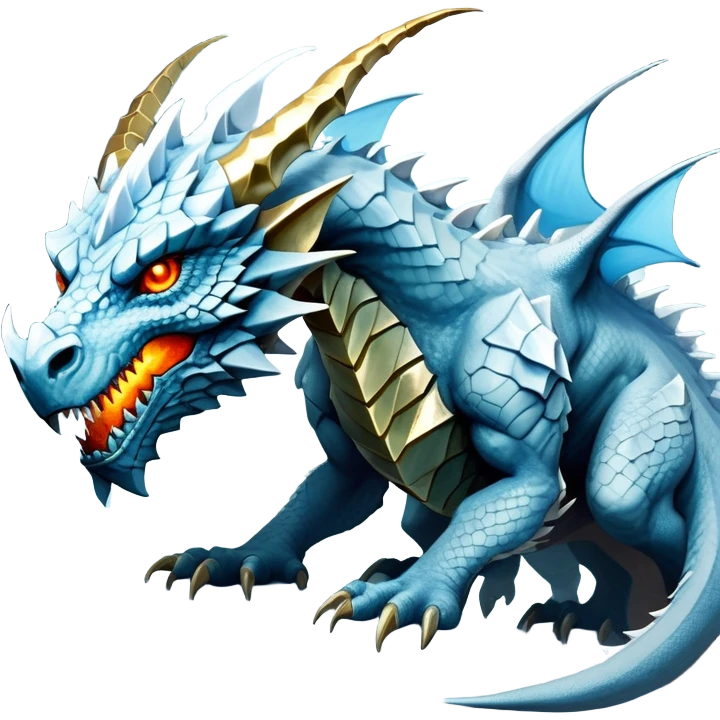 This extraordinary hybrid creature combines the elemental power of an ice dragon with the raw physical might of a stone golem. Its core body resembles a cluster of angular, faceted stones that have been infused with magical ice energy. The creature's head features a draconic shape with curved horns and piercing amber-gold eyes, but parts of its face retain the jagged stone texture. Blue-white energy flows between the gray rock segments, creating glowing lines throughout its body. The creature has developed partial wings made of crystalline ice formations extending from its rocky frame, and its tail alternates between stone segments and ice spikes. Sharp teeth line its mouth, some appearing as polished stone, others as ice crystals. Frost continuously emanates from its body, and when it moves, it creates a distinctive sound of grinding stone and crackling ice. full body emoji