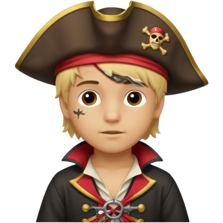 light brown Hispanic boy with blond hair that is dressed as a pirate emoji