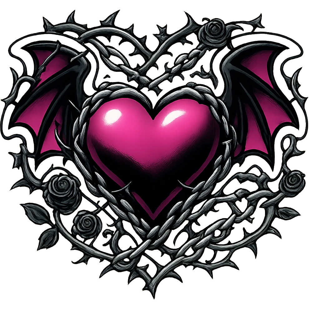 Add more gothic details including chains, thorns, and tiny black roses. Keep the black and pink gothic heart with bat wings. Maintain the retro stickers style with no background. emoji
