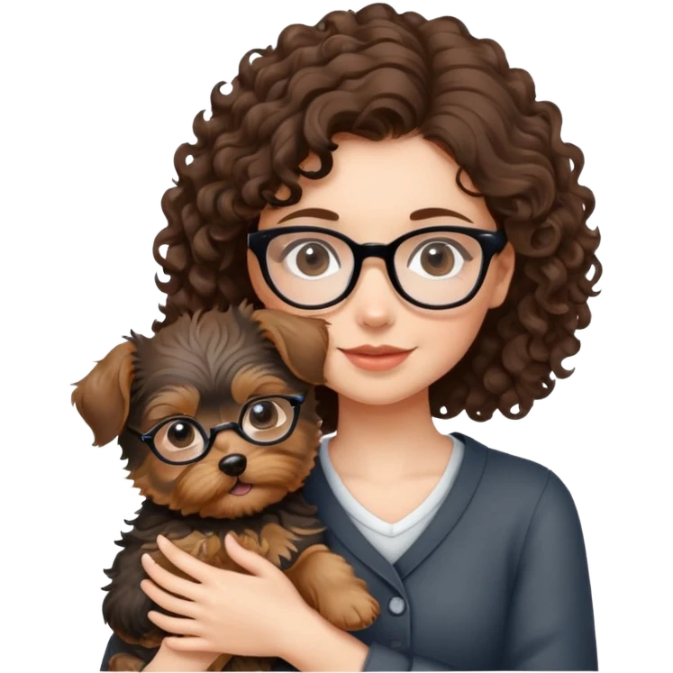 Brunette girl with glasses and curly hair embracing a yorkshire terrier puppy emoji