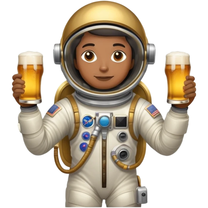 African American astronaut with a gold space suit holding a beer emoji