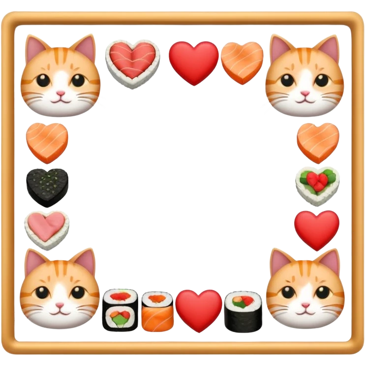 square frame empty inside, cats, sushi, and hearts forming the border in an alternating pattern emoji
