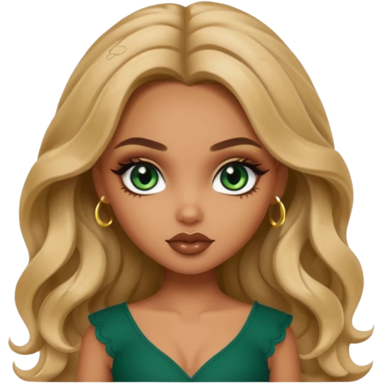 girly bratz baddie, beautiful dark green eyes, bratz makeup, long dark blonde wavy hair emoji