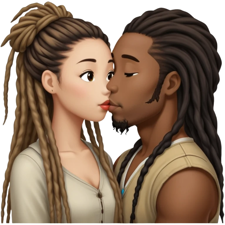 Black guy with dreadlocs kissing long haired Asian girl emoji