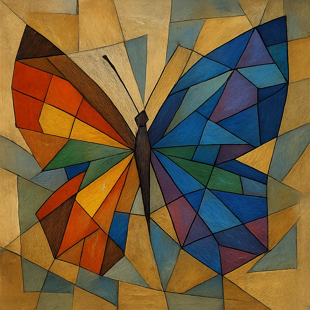 a butterfly in cubist abstraction style, geometric shapes, rainbow pride colors, abstract look emoji