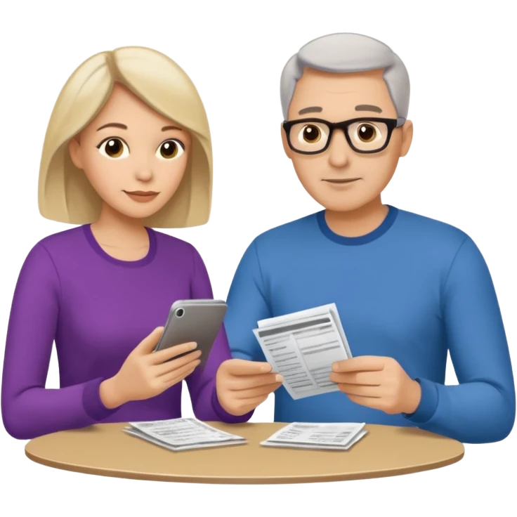 casually dressed stylish  looking husband and wife in their 40s avatars reviewing their finances together  emoji