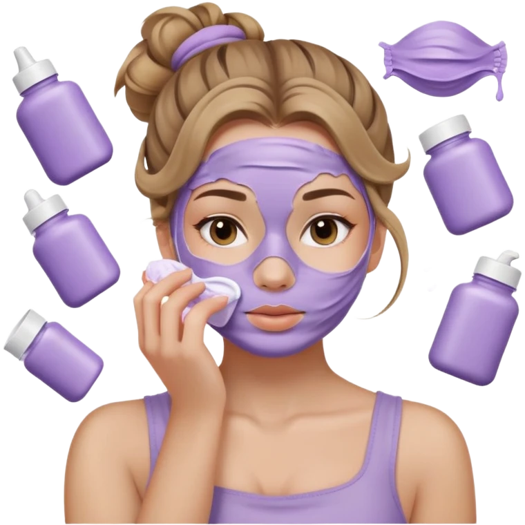 girl with wavy dark blonde hair messy bun applying lilac skincare mask covering face emoji