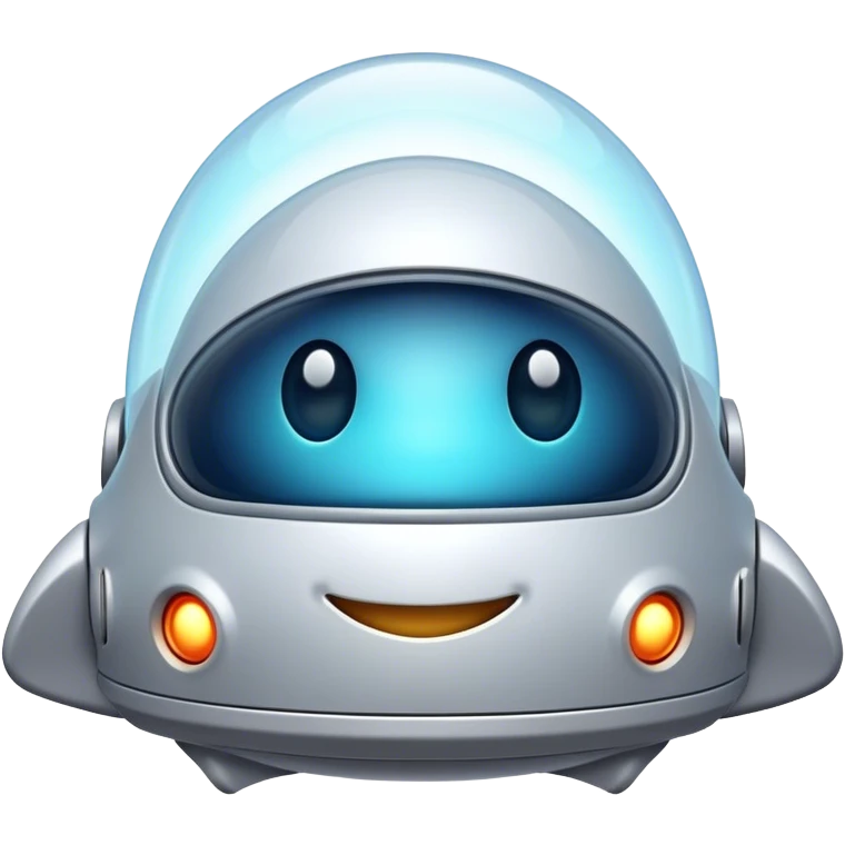 Design a simple, friendly spaceship with a smooth, rounded shape. Add a clear 'face' on the front using glowing lights for eyes and a curved line for a smile, giving it personality. Use a plain background to keep the focus on the ship emoji