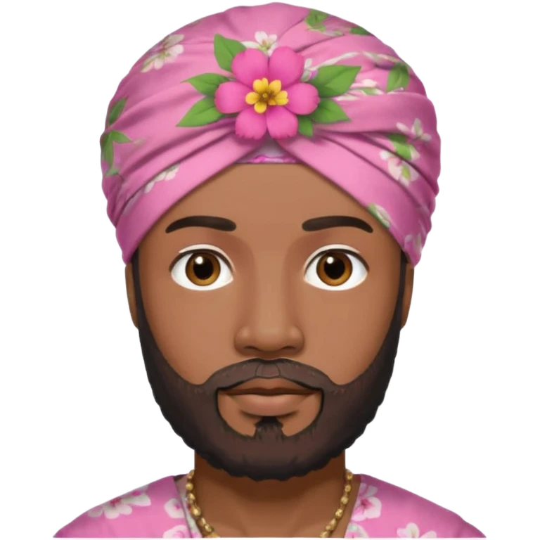 Black male, goatee beard, wearing pink floral turban-style head wrap emoji