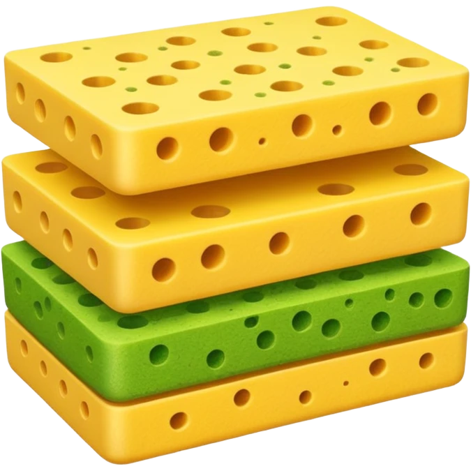 cleaning sponges, one or two, rectangular, rounded edges, stacked or overlapping, yellow porous base, green scrub top, springy texture, tiny holes, no soap, water, hands, or faces, clean 3D, soft shadows, transparent background, emoji scale emoji