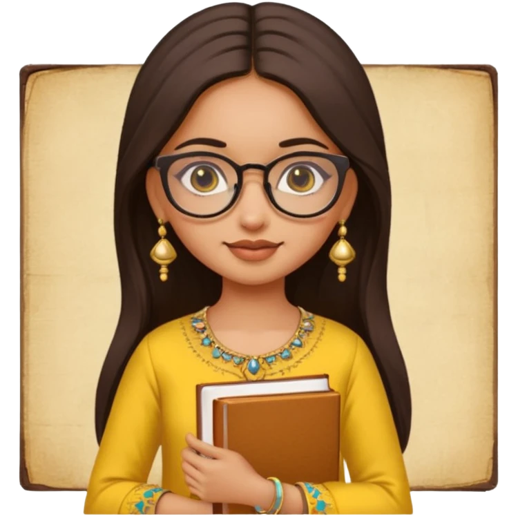 a pretty bratz fair indian girl wearing spectacles, jhumkas, kurti yellow, carrying books emoji
