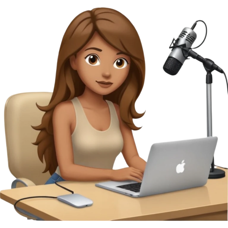 tanned brown long hair woman, sat at desk with MacBook, podcast microphone bleige top and vine color, sexy, glass table emoji
