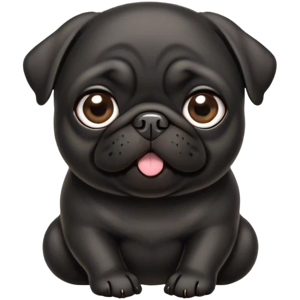 Cinematic Cute Black Pug Portrait Emoji, Head tilted playfully and inquisitively, featuring a glossy black coat with a smooth finish, round, sparkling dark eyes filled with curiosity, Simplified yet irresistibly adorable features, highly detailed, glowing with a warm, friendly glow, high shine, affectionate and lively, stylized with a touch of whimsy, bright and endearing, soft glowing outline, capturing the essence of a mischievous yet loving pup, so playful it feels like it could bounce out of the screen and into your arms! emoji